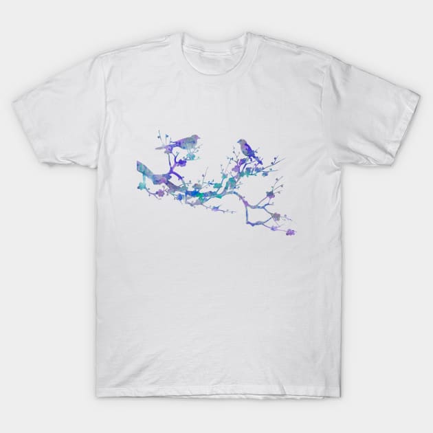 Love Birds On Floral Branch Watercolor Painting T-Shirt by Miao Miao Design